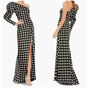 Ieena for Mac Duggal Women's One Sleeve Polka Dot Sheath Gown Black White 14